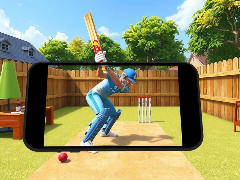 VR Cricket Fantasy League - Upcoming AR Mode Concept Concept art of VR Cricket Fantasy League's upcoming AR mode showing a player batting in a backyard using smartphone AR